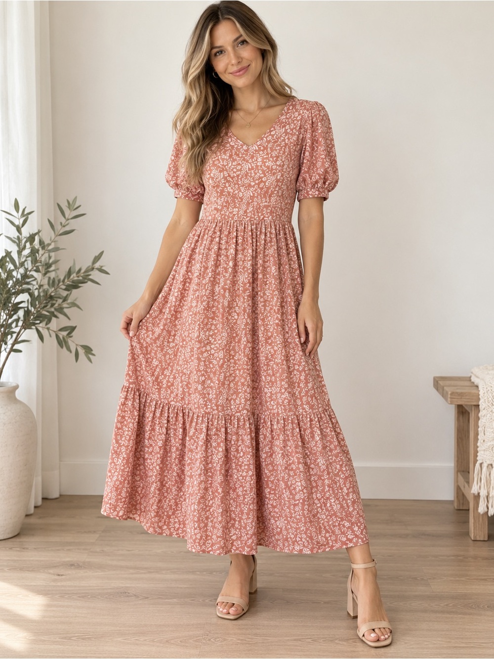 Puff-Sleeve V-Neck Maxi Dress in Dusty Rose Floral